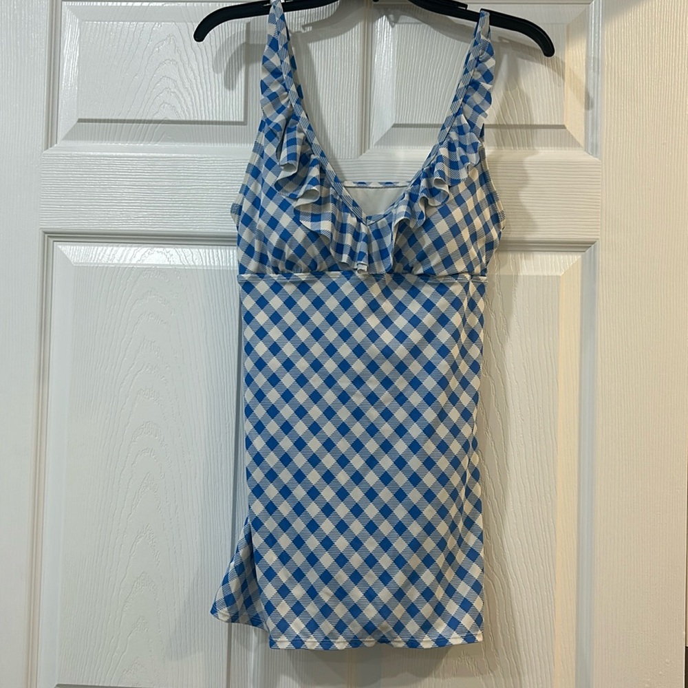 Kim Rodger’s Blue and White Gingham Ruffle Swim Dress